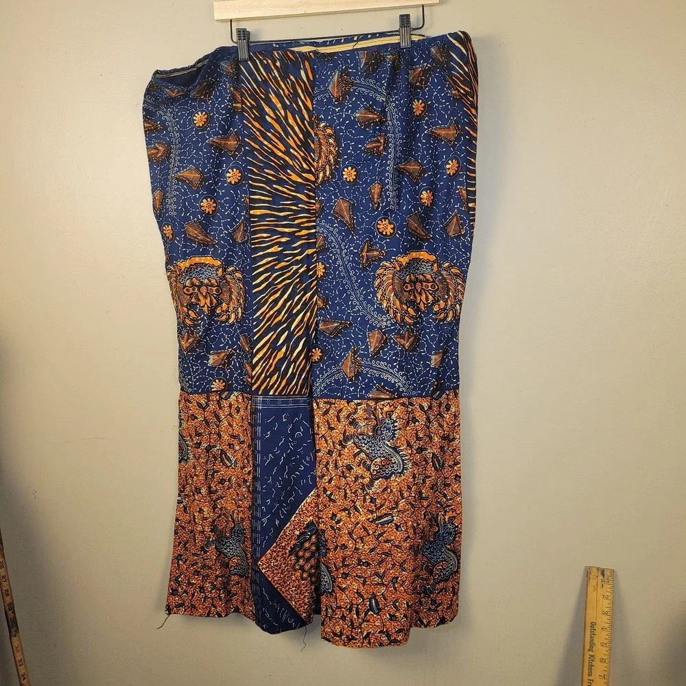 Handmade African Print Maxi Skirt Blue Orange Patchwork Boho Festival Elastic...
